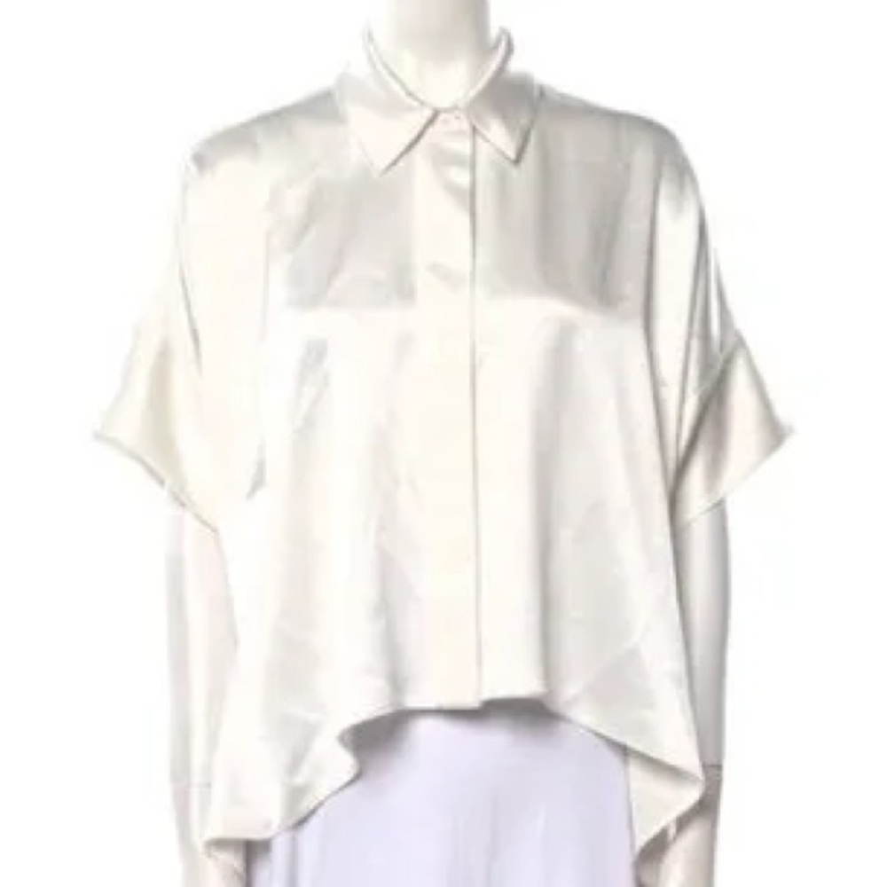 Alice + Olivia Edyth Blouse White Collared High Low Silk Top